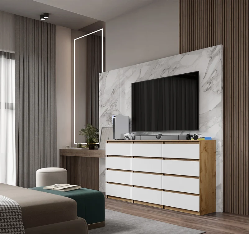 GABRIEL - Kommode / Sideboard mit 12 Schubladen (8+4) - Wotan Eiche / Weiß Matt H92cm B180cm T33cm