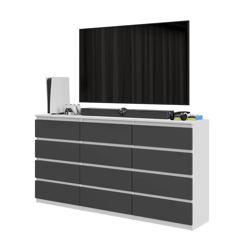 GABRIEL - Kommode / Sideboard mit 12 Schubladen (8+4) - Weiß Matt / Anthrazit H92cm B180cm T33cm