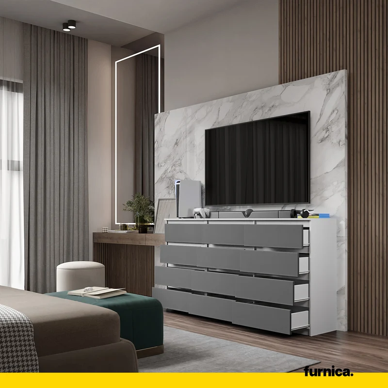GABRIEL - Kommode / Sideboard mit 12 Schubladen (8+4) - Weiß Matt / Anthrazit H92cm B180cm T33cm