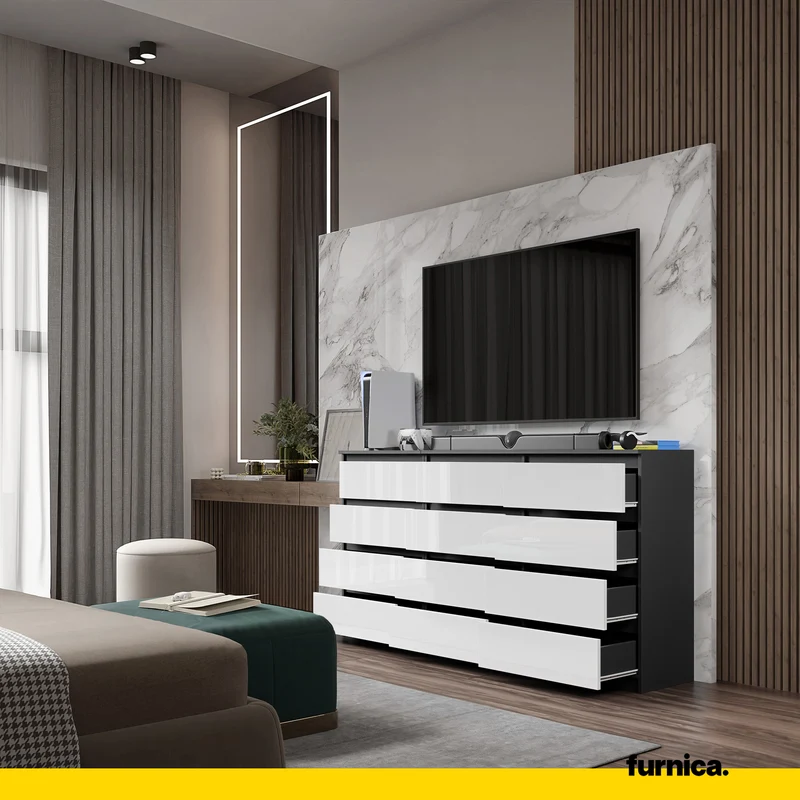 GABRIEL - Kommode / Sideboard mit 12 Schubladen (8+4) - Anthrazit / Weiß Gloss H92cm B180cm T33cm