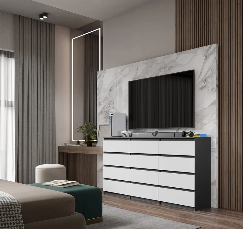 GABRIEL - Kommode / Sideboard mit 12 Schubladen (8+4) - Anthrazit / Weiß Matt H92cm B180cm T33cm