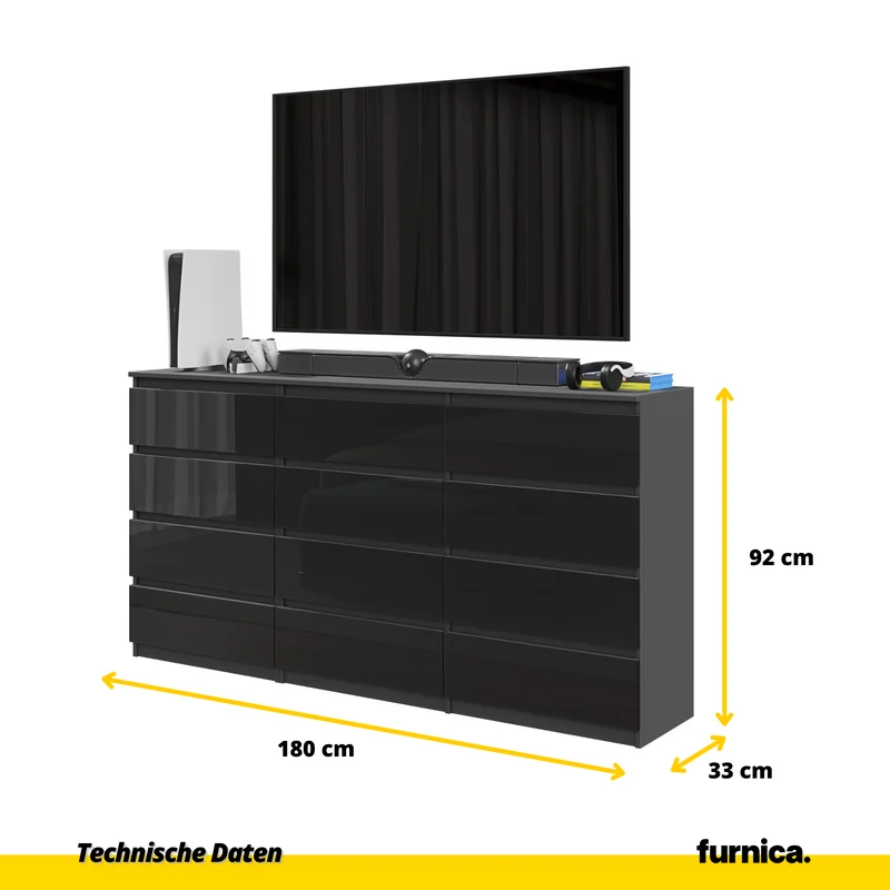 GABRIEL - Kommode / Sideboard mit 12 Schubladen (8+4) - Anthrazit / Schwarz Gloss H92cm B180cm T33cm