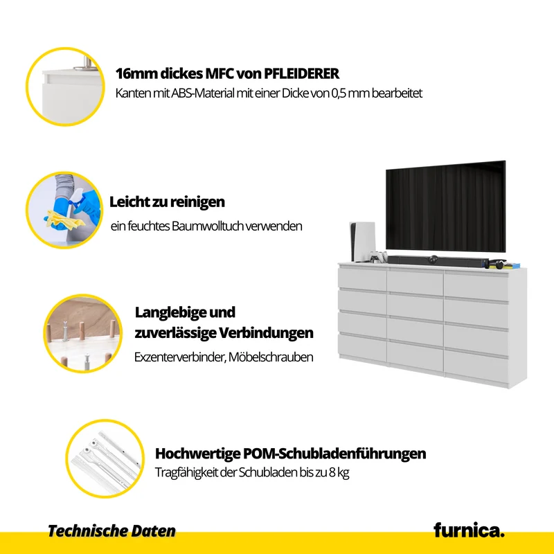 GABRIEL - Kommode / Sideboard mit 12 Schubladen (8+4) - Anthrazit / Schwarz Gloss H92cm B180cm T33cm