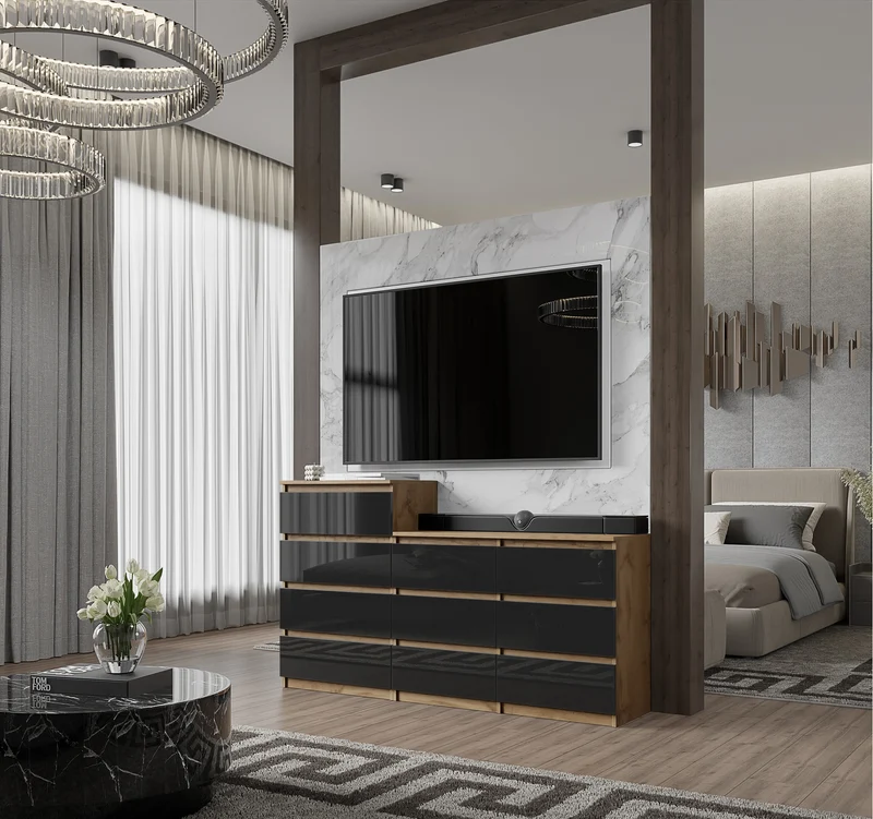 GABRIEL - Kommode / Sideboard mit 10 Schubladen (6+4) - Wotan Eiche / Schwarz Gloss H92/70cm B160cm T33cm