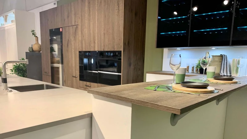 Küche Base Ergo Glas Schneeweiß Weiß Echtholz Espresso Braun Arbeitsplatte Keramik Beige Mit Beleuchtung
