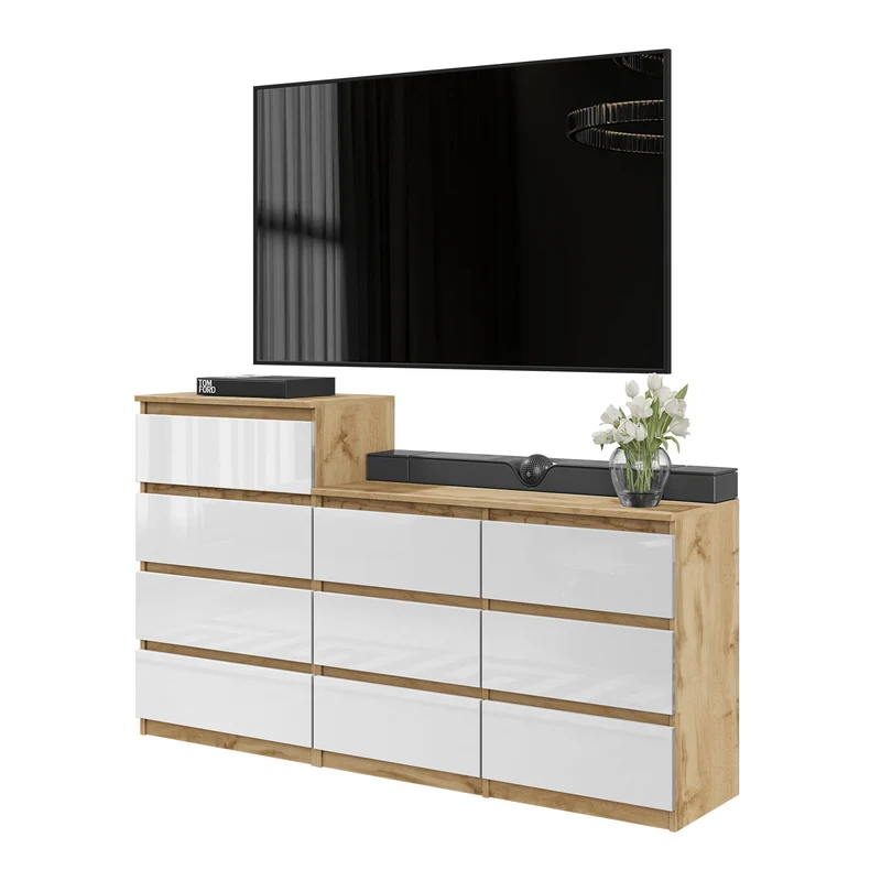 GABRIEL - Kommode / Sideboard mit 10 Schubladen (6+4) - Wotan Eiche / Weiß Gloss H92/70cm B160cm T33cm