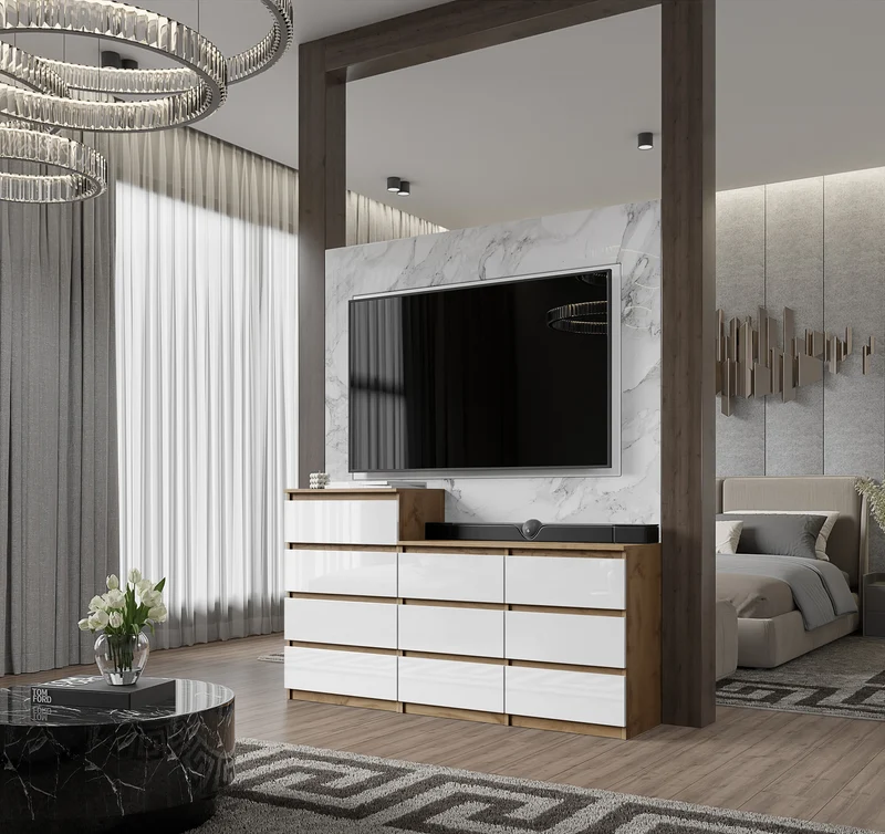 GABRIEL - Kommode / Sideboard mit 10 Schubladen (6+4) - Wotan Eiche / Weiß Gloss H92/70cm B160cm T33cm