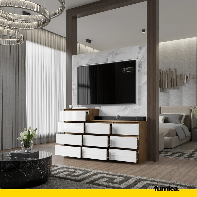 GABRIEL - Kommode / Sideboard mit 10 Schubladen (6+4) - Wotan Eiche / Weiß Gloss H92/70cm B160cm T33cm