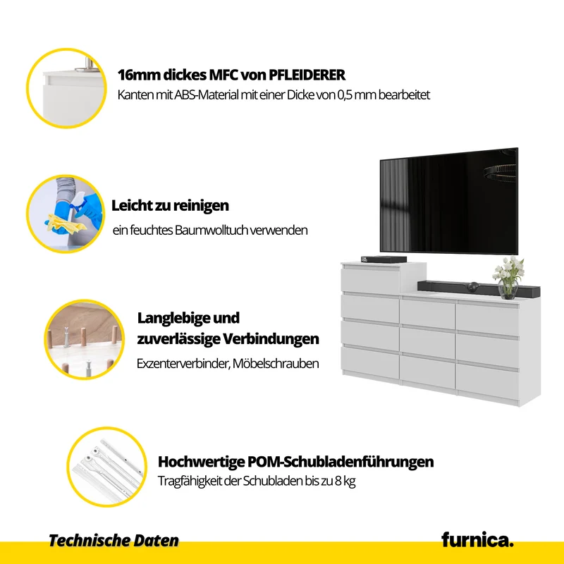 GABRIEL - Kommode / Sideboard mit 10 Schubladen (6+4) - Weiß Matt / Anthrazit H92/70cm B160cm T33cm
