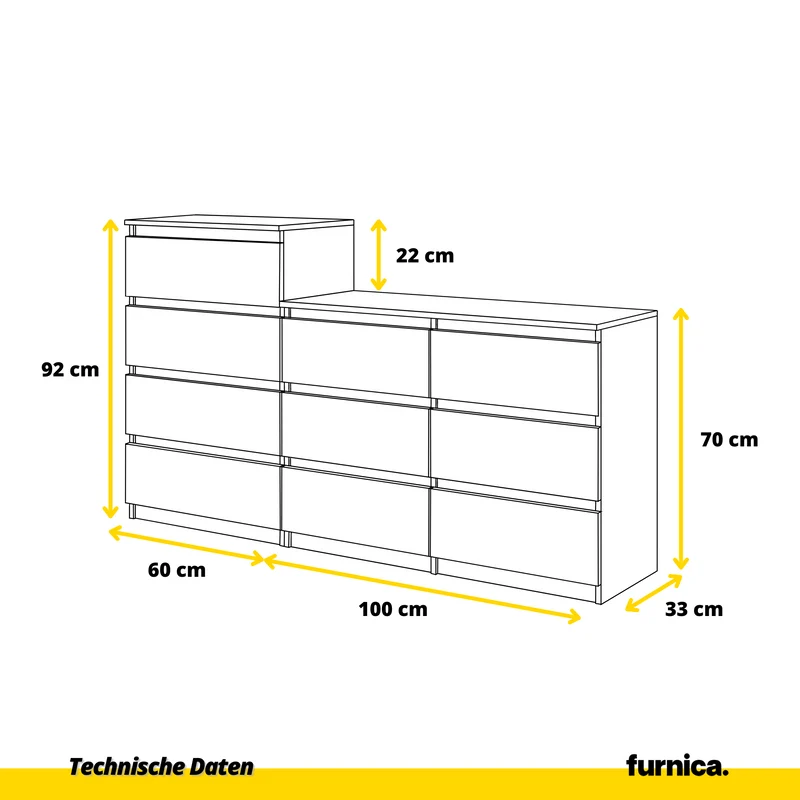 GABRIEL - Kommode / Sideboard mit 10 Schubladen (6+4) - Anthrazit / Weiß Gloss H92/70cm B160cm T33cm