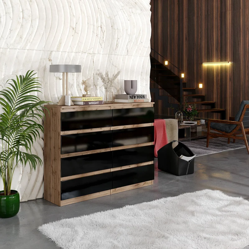 GABRIEL - Kommode / Sideboard mit 8 Schubladen - Wotan Eiche / Schwarz Gloss H92cm B120cm T33cm