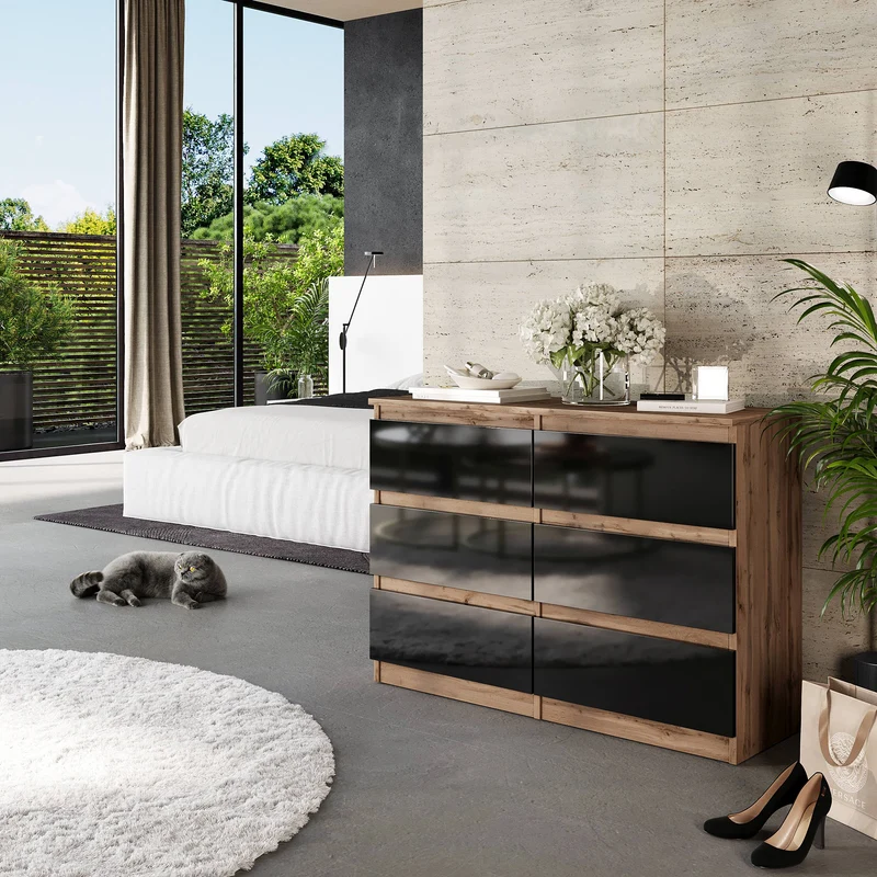 GABRIEL - Kommode / Sideboard mit 6 Schubladen - Wotan Eiche / Schwarz Gloss H71cm B100cm TD33cm