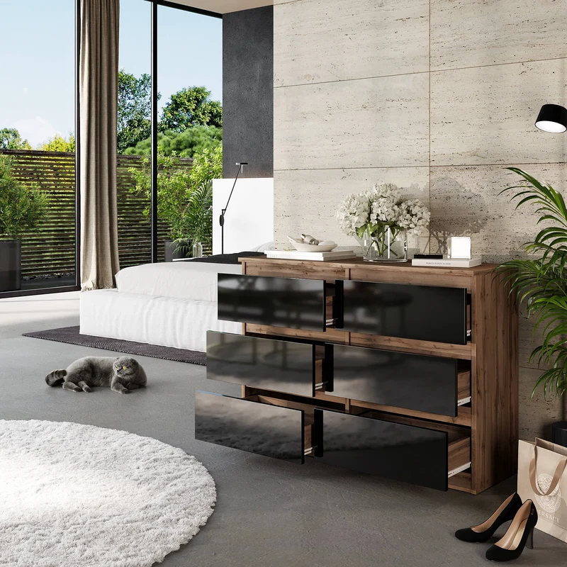 GABRIEL - Kommode / Sideboard mit 6 Schubladen - Wotan Eiche / Schwarz Gloss H71cm B100cm TD33cm
