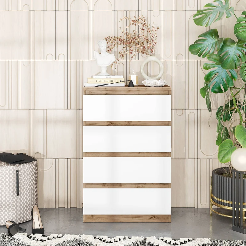 GABRIEL - Kommode / Sideboard mit 4 Schubladen - Wotan Eiche / Weiß Matt H92cm B60cm T33cm