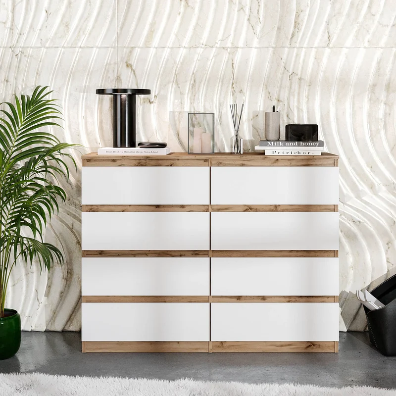 GABRIEL - Kommode / Sideboard mit 8 Schubladen - Wotan Eiche / Weiß Matt H92cm B120cm T33cm