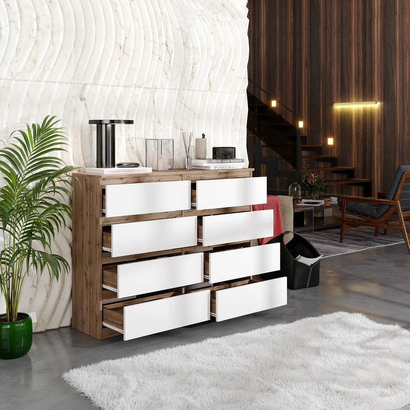 GABRIEL - Kommode / Sideboard mit 8 Schubladen - Wotan Eiche / Weiß Matt H92cm B120cm T33cm