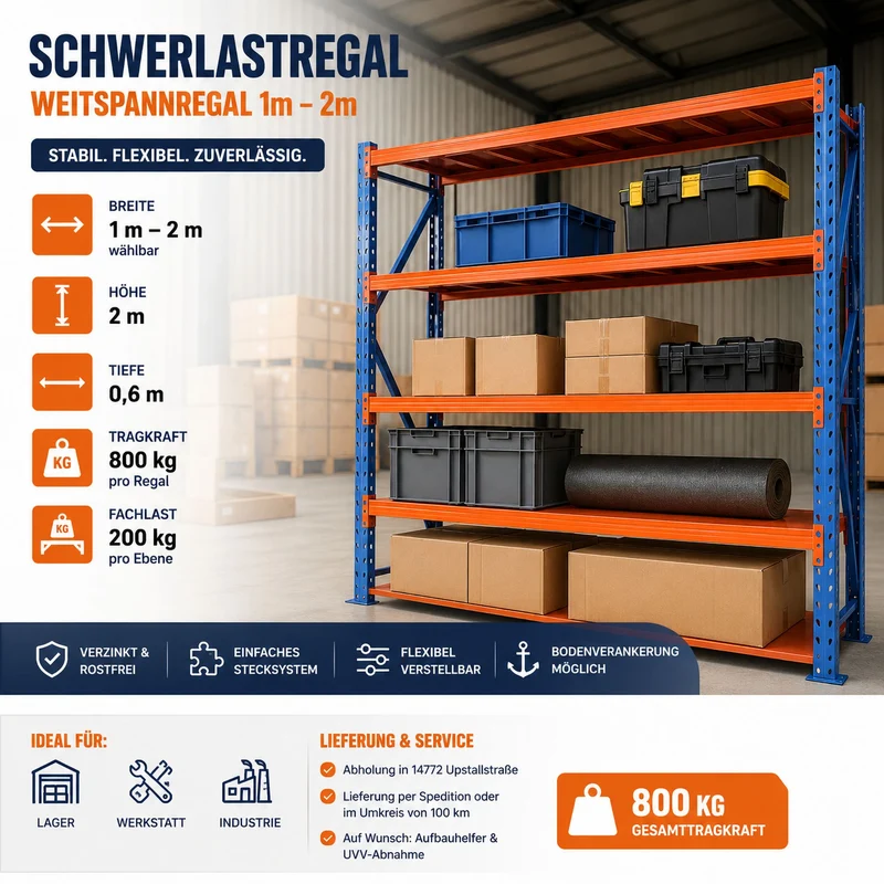 Weitspannregal – verzinkt und robust - 1,00–2,00 m Breite | 800 kg Tragkraft | 2,00 m Höhe