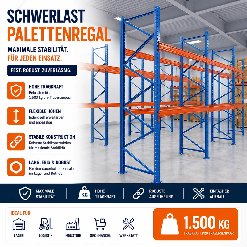 Palettenregal - verzinkt und robust - 2,70 m Breite | 2,00–4,50 m Höhe | 1.500 kg Fachlast