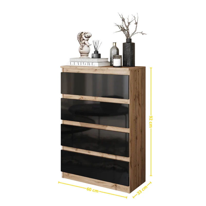 GABRIEL - Kommode / Sideboard mit 4 Schubladen - Wotan Eiche / Schwarz Gloss H92cm B60cm T33cm