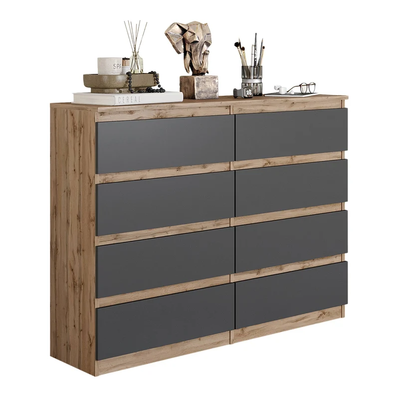 GABRIEL - Kommode / Sideboard mit 8 Schubladen - Wotan Eiche / Anthrazit H92cm B120cm T33cm