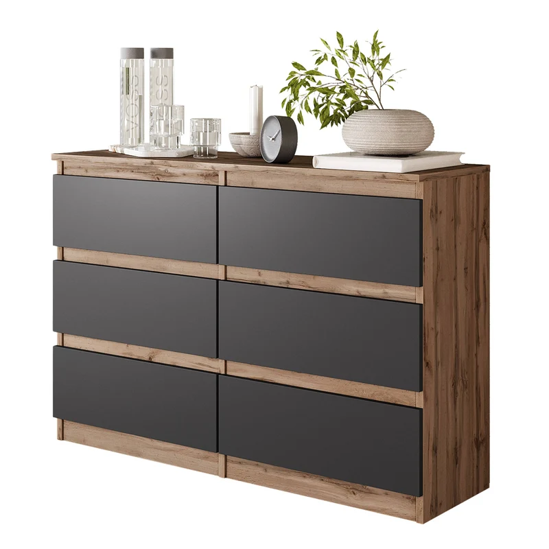 GABRIEL - Kommode / Sideboard mit 6 Schubladen - Wotan Eiche / Anthrazit H71cm B100cm TD33cm