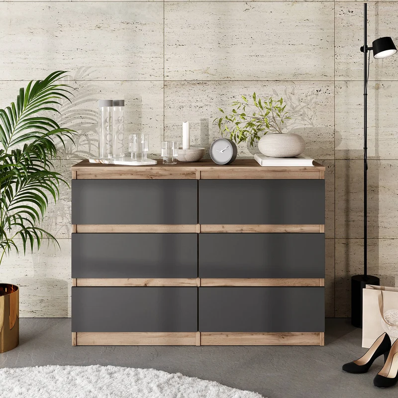 GABRIEL - Kommode / Sideboard mit 6 Schubladen - Wotan Eiche / Anthrazit H71cm B100cm TD33cm