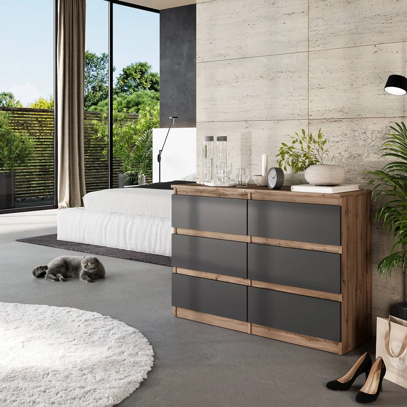 GABRIEL - Kommode / Sideboard mit 6 Schubladen - Wotan Eiche / Anthrazit H71cm B100cm TD33cm