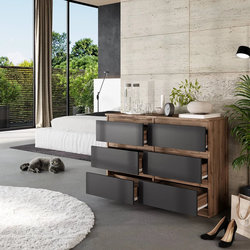 GABRIEL - Kommode / Sideboard mit 6 Schubladen - Wotan Eiche / Anthrazit H71cm B100cm TD33cm