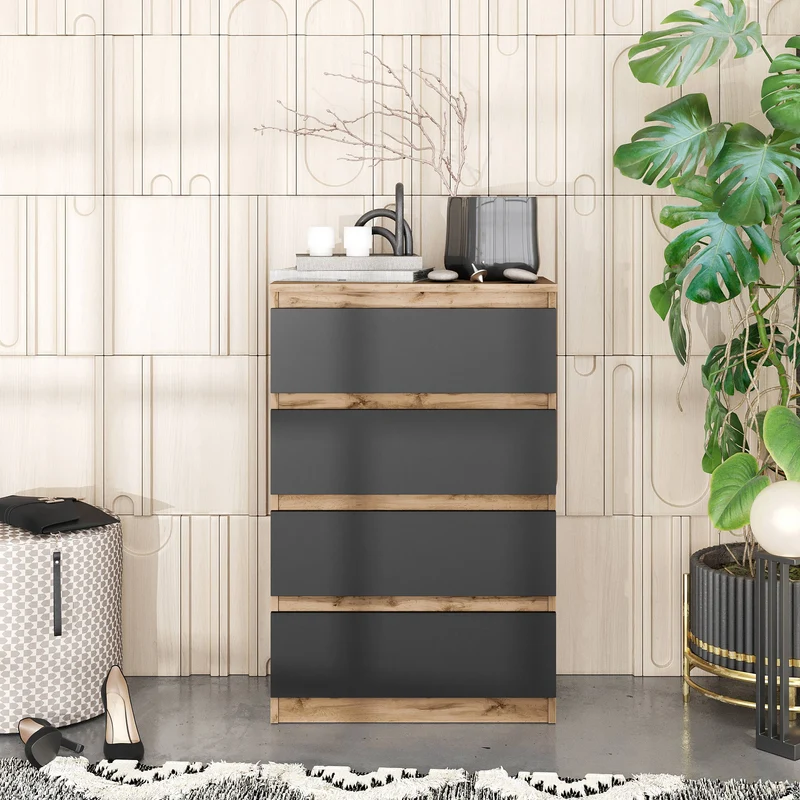GABRIEL - Kommode / Sideboard mit 4 Schubladen - Wotan Eiche / Anthrazit H92cm B60cm T33cm
