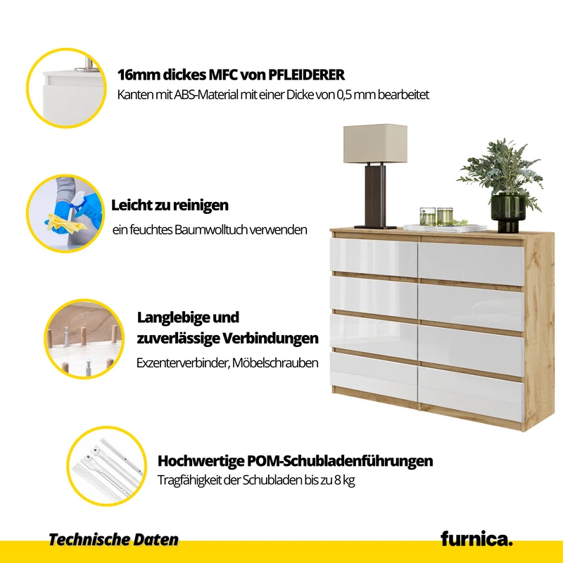 GABRIEL - Kommode / Sideboard mit 8 Schubladen - Wotan Eiche / Weiß Gloss H92cm B120cm T33cm