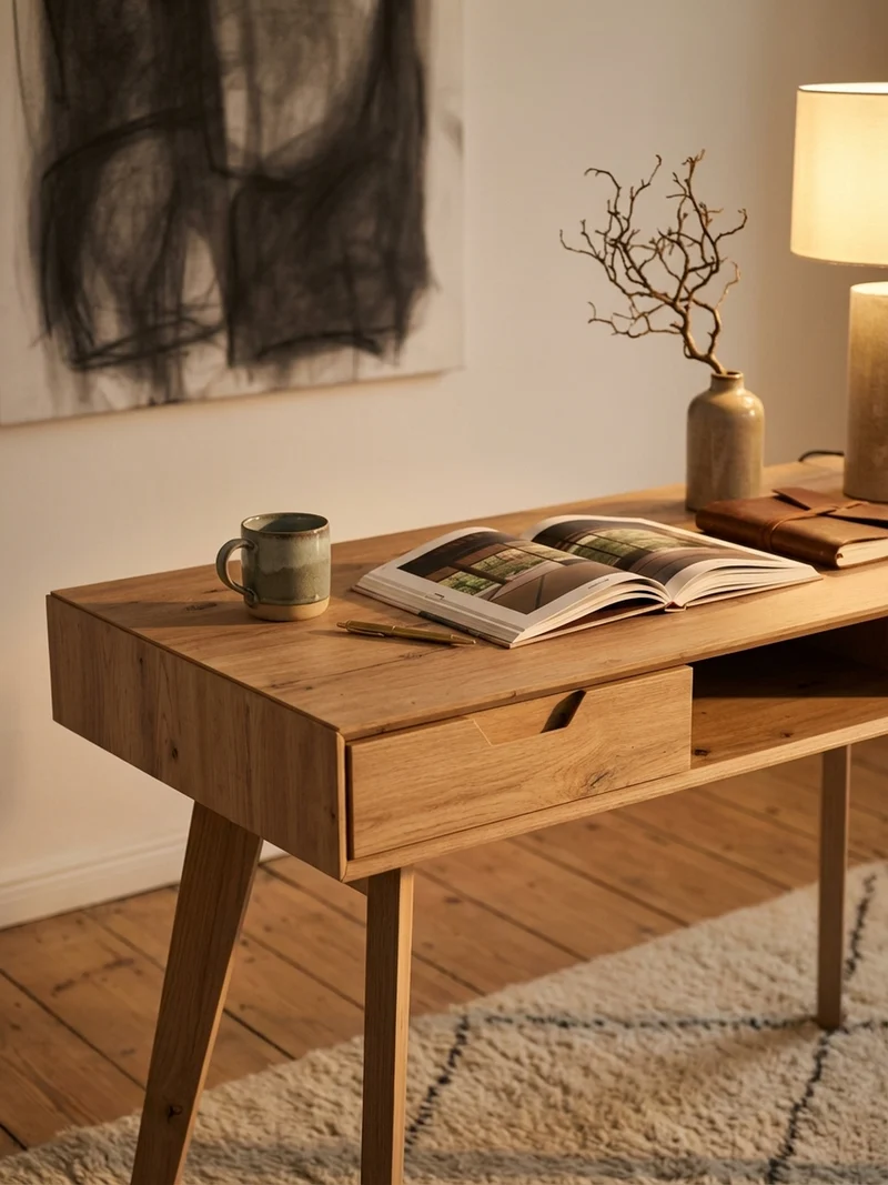Schreibtisch – 120x55x77 cm, Skandinavischer Stil, 2 Schubladen, Eichenbeine