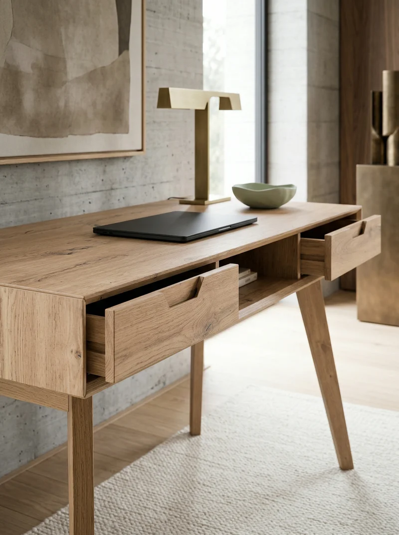 Schreibtisch – 120x55x77 cm, Skandinavischer Stil, 2 Schubladen, Eichenbeine