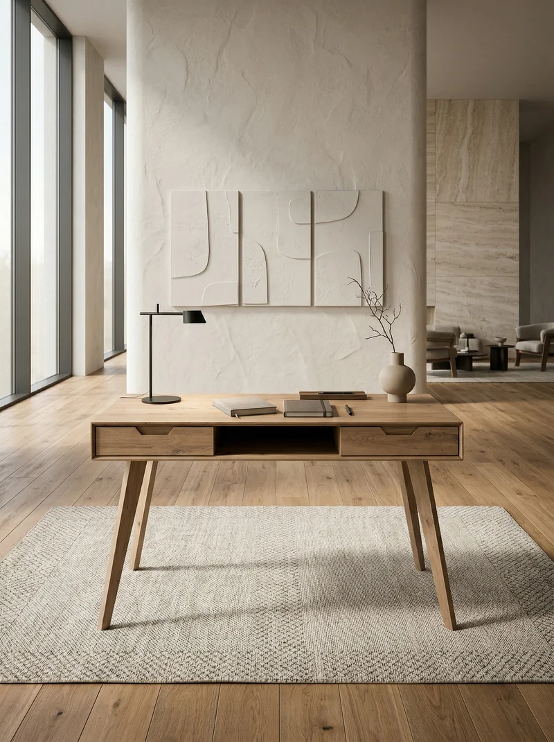 Schreibtisch – 120x55x77 cm, Skandinavischer Stil, 2 Schubladen, Eichenbeine