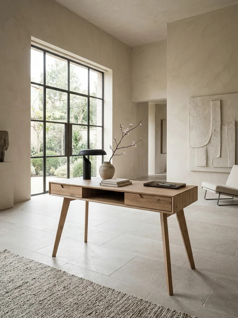 Schreibtisch – 120x55x77 cm, Skandinavischer Stil, 2 Schubladen, Eichenbeine