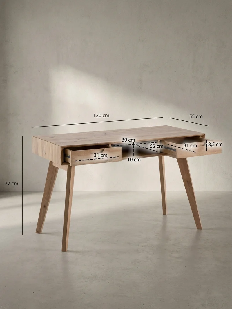 Schreibtisch – 120x55x77 cm, Skandinavischer Stil, 2 Schubladen, Eichenbeine