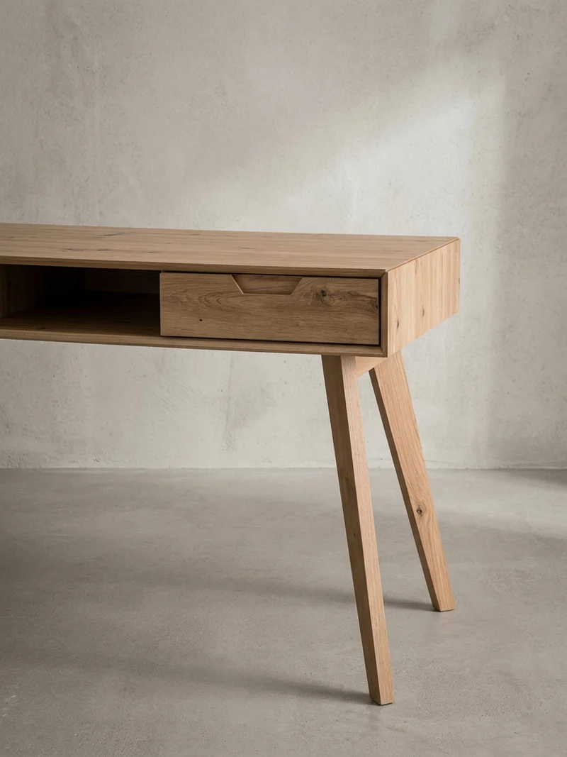 Schreibtisch – 120x55x77 cm, Skandinavischer Stil, 2 Schubladen, Eichenbeine
