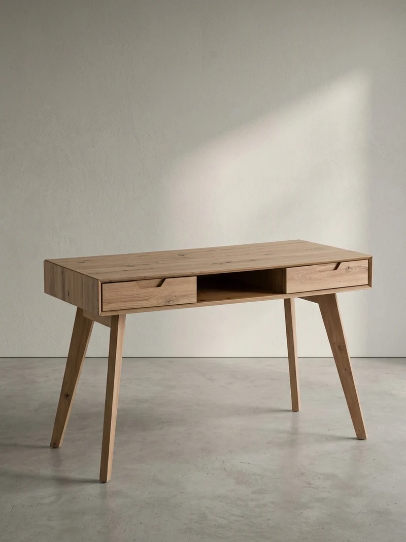 Schreibtisch – 120x55x77 cm, Skandinavischer Stil, 2 Schubladen, Eichenbeine