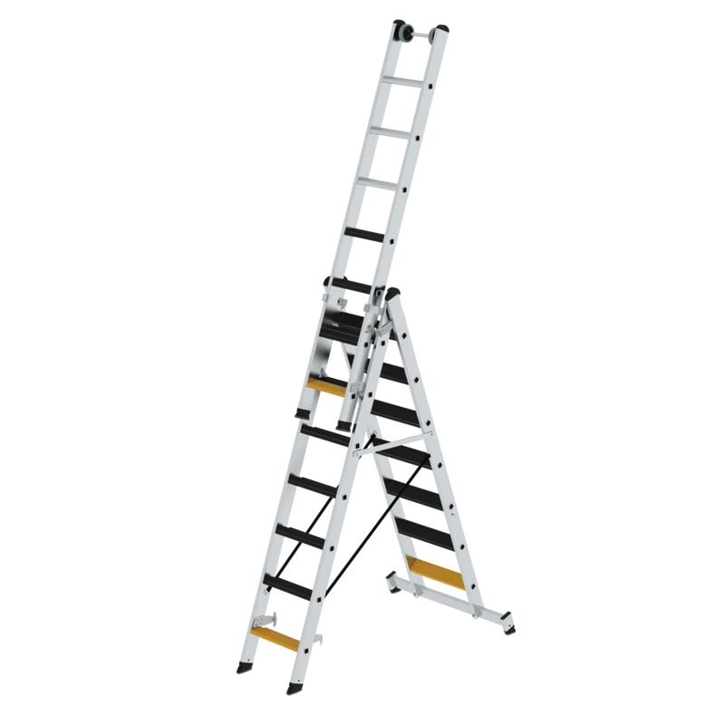 Stufen-Mehrzweckleiter 3-teilig mit Nivello®-Traverse & Clip-Step – robuste Aluminiumleiter
