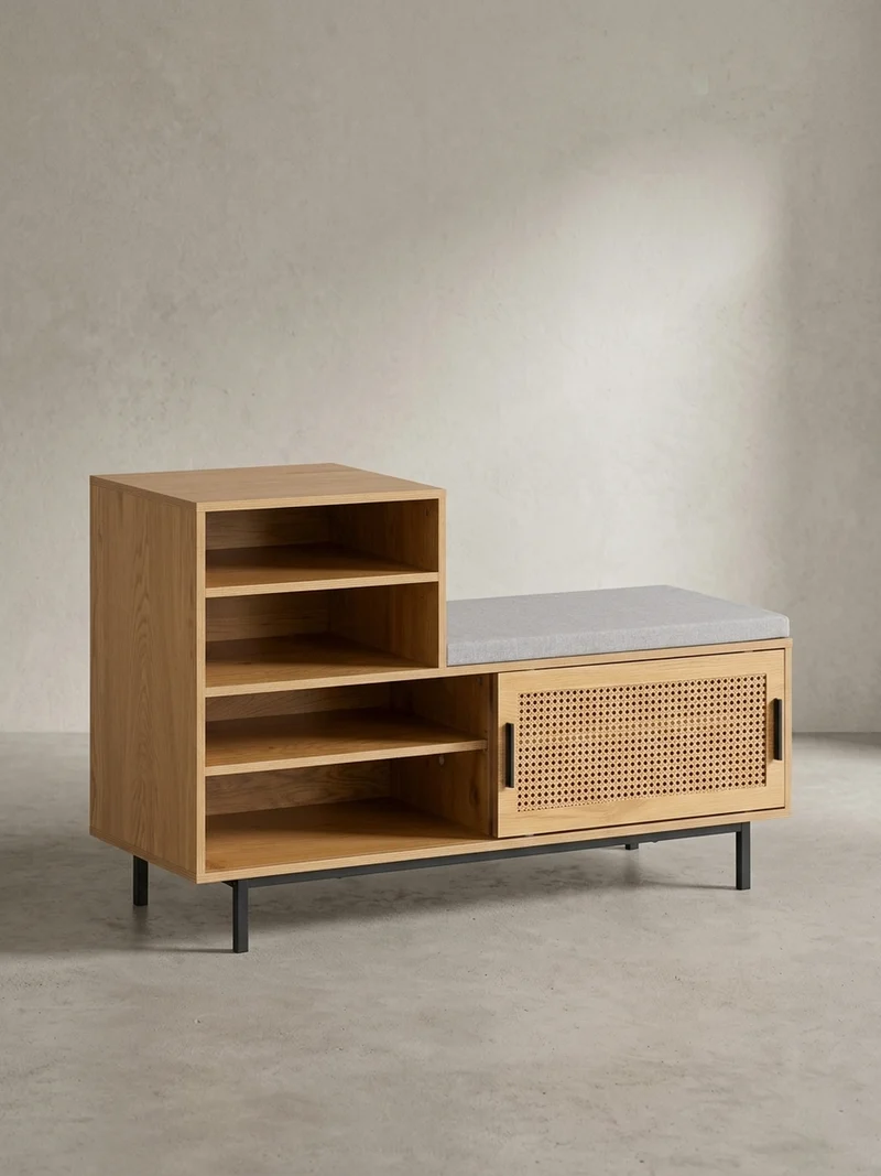 Schuhbank – Eiche-Dekor, 120x75,5x40 cm, Rattan-Elemente, Sitzbank gepolstert