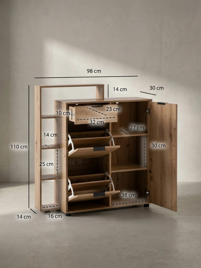 Schuhschrank – Eiche-Dekor, 98x110x30 cm, geschlossen, mit Schublade