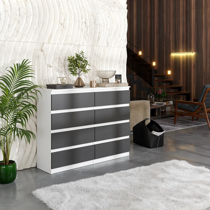 GABRIEL - Kommode / Sideboard mit 8 Schubladen - Weiß Matt / Anthrazit H92cm B120cm T33cm