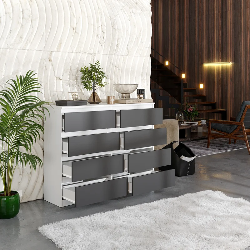 GABRIEL - Kommode / Sideboard mit 8 Schubladen - Weiß Matt / Anthrazit H92cm B120cm T33cm