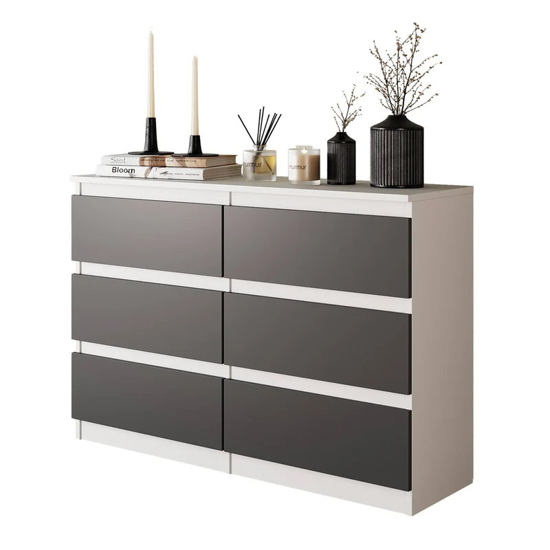 GABRIEL - Kommode / Sideboard mit 6 Schubladen - Weiß Matt / Anthrazit H71cm B100cm TD33cm