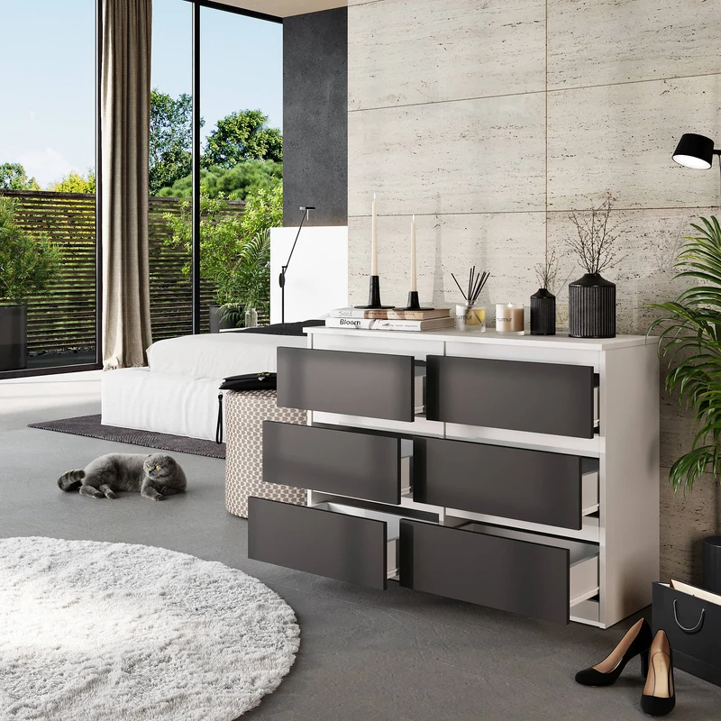 GABRIEL - Kommode / Sideboard mit 6 Schubladen - Weiß Matt / Anthrazit H71cm B100cm TD33cm