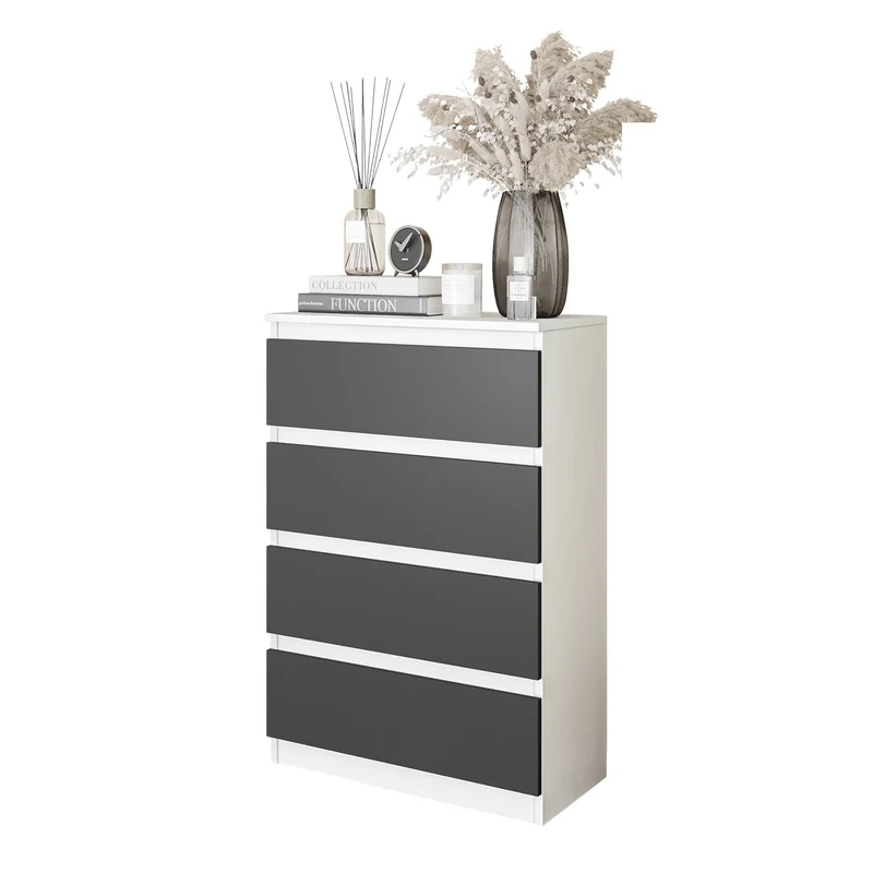 GABRIEL - Kommode / Sideboard mit 4 Schubladen - Weiß Matt / Anthrazit H92cm B60cm T33cm