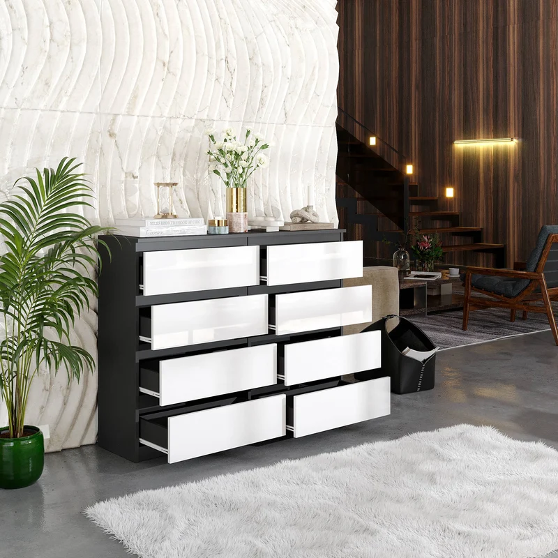 GABRIEL - Kommode / Sideboard mit 8 Schubladen - Anthrazit / Weiß Gloss H92cm B120cm T33cm