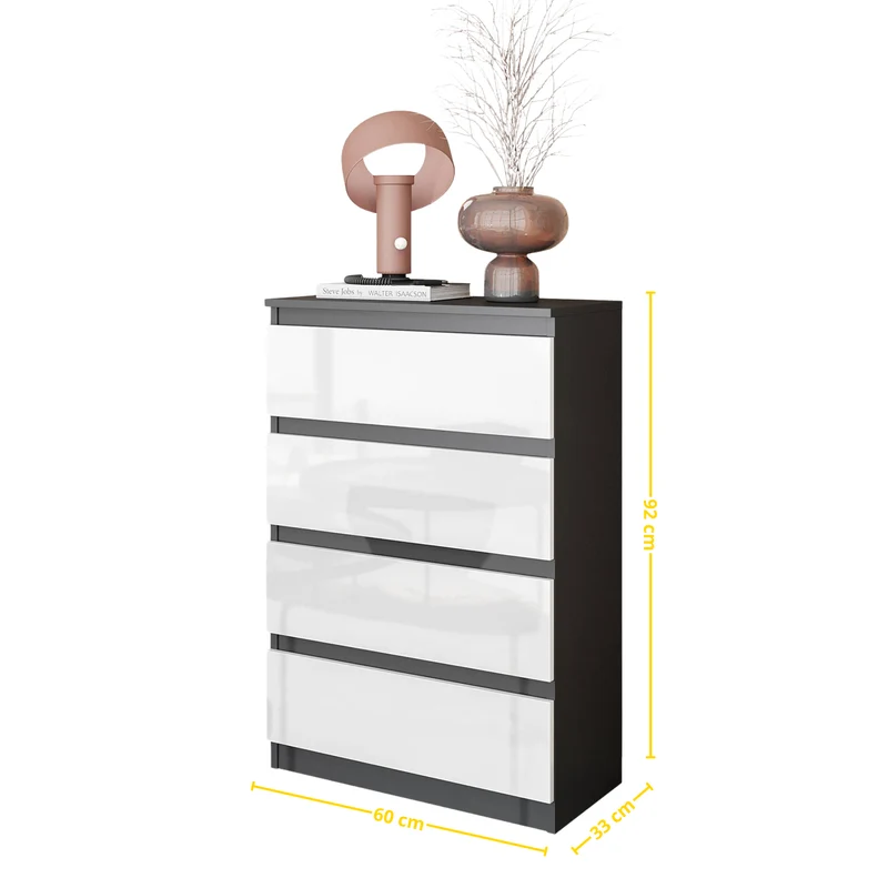 GABRIEL - Kommode / Sideboard mit 4 Schubladen - Anthrazit / Weiß Gloss H92cm B60cm T33cm