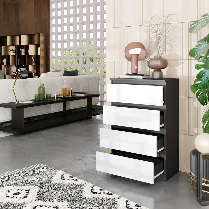 GABRIEL - Kommode / Sideboard mit 4 Schubladen - Anthrazit / Weiß Gloss H92cm B60cm T33cm