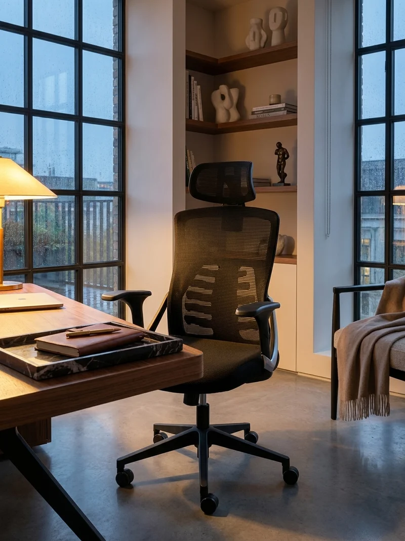 Bürodrehstuhl Schwarz Mesh mit Wippmechanik, Kopfstütze und 4-fach Lordosenstütze