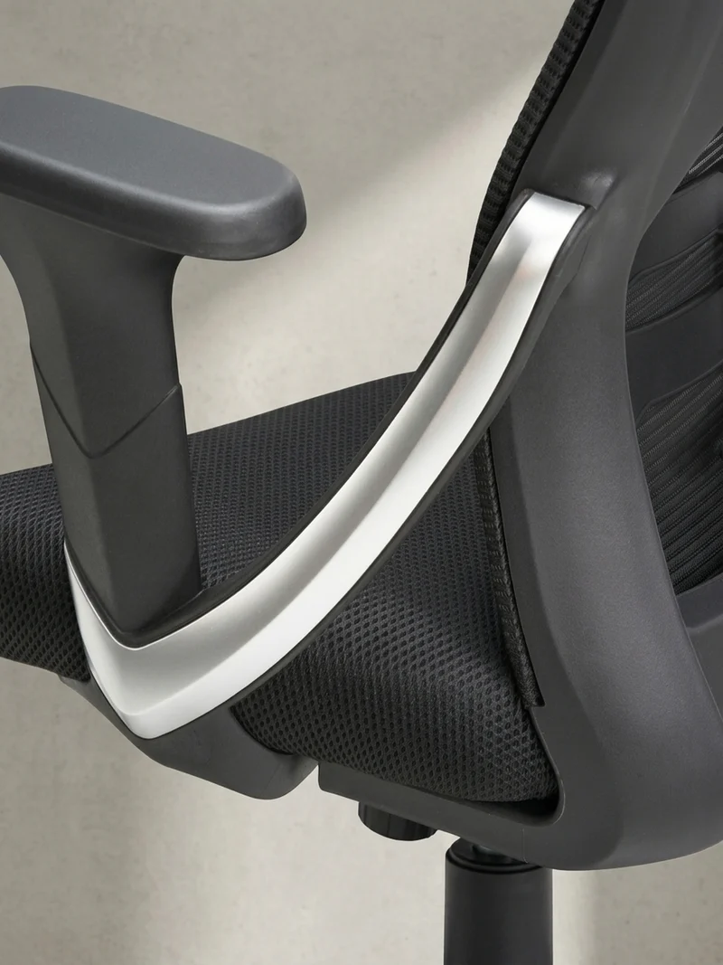Bürodrehstuhl Schwarz Mesh mit Wippmechanik, Kopfstütze und 4-fach Lordosenstütze